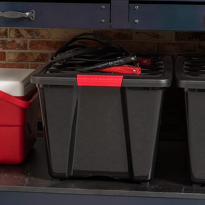 IRIS USA 54 Qt Stackable Plastic Storage Bins with Lids, 6 Pack - BPA-Free, Made in USA - Garage Organizing Solution, Latches, Durable Nestable Containers, Secure Pull Handle - Black