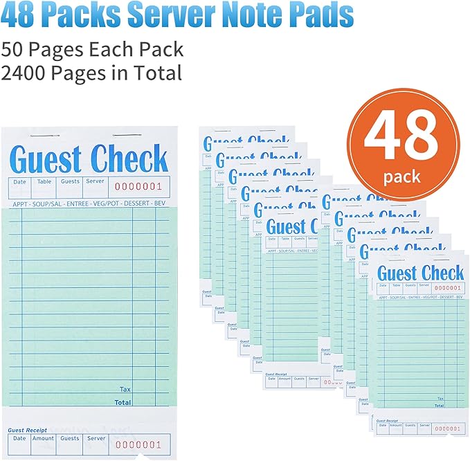 48 Pack Green Guest Checks Books for Servers Server Note Pads, Waiter Checkbook, Waitress Notepad for Restaurants, Paper Checks 50 Sheets/Pack, 2400 Total Tickets
