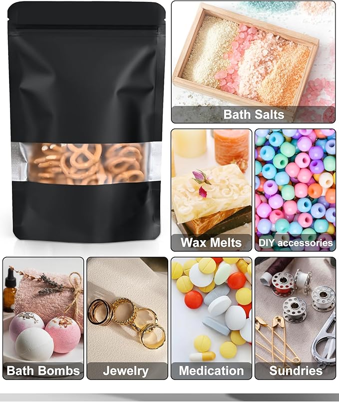 100 Pack Smell Proof Bags, Resealable Bags with Matte Window, Foil Pouch Stand Up Sealable Bags for Packaging（Black,3.5" x 5.1"）