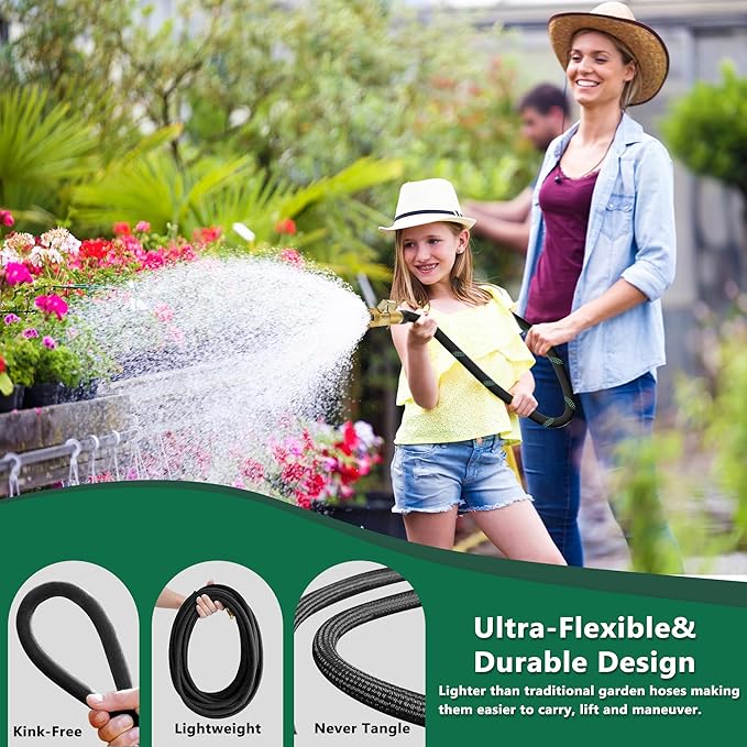 75 ft Heavy Duty Garden Hose - Super Flexible Leader Water Hose with 10 Pattern Spray Nozzle,Hybrid Rubber Hose Car Wash Pipe,3/4'' Solid Brass Conne