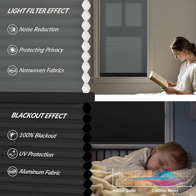 Boolegon Day and Night Cellular Shades No Tools No Drill Blinds for Window Cordless Easy to Install Honeycomb Shades Blackout&Filter Light Window Shades for Office Home, Black, Custom Size