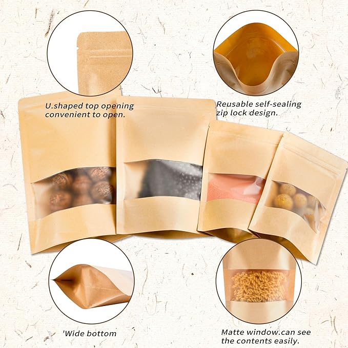 100PCS Kraft Paper Bags with Window(6.3" X 8.7"), Resealable Paper Bags for Food Storage, Stand Up Treat Bag Reusable for Candy, Cookie, Heat Seal Paper Bag for Small Business