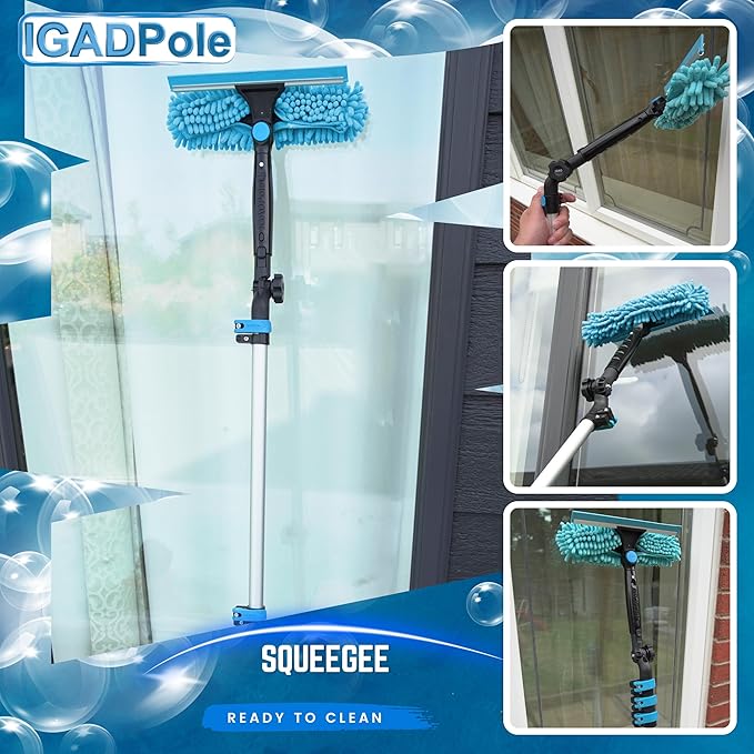 IGADPole Washing Kit: Water-fed Brush, Cobweb Duster and 10” Squeegee and Soap Dispenser, with 5-Stage Telescoping Pole 5-20ft Pole