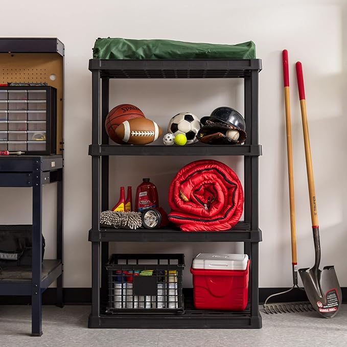 IRIS USA 4-Shelf Heavy Duty Plastic Storage Shelves, 600lb Capacity, 56"H x 36"W x 18"D, Large Modular Shelving Unit Storage Organizer for Garage, Home, Warehouse & Gym, Storage Rack - Black
