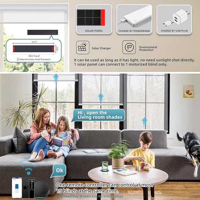 SmartWings Motorized Light Filtering Shades, 50% Blackout PVC Free Smart Blinds, Custom Size, Rechargeable Battery, Works with Matter/Apple HomeKit, Alexa, Thread/Zigbee, Remote Optional, 50% White