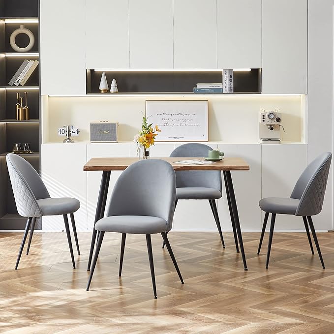 5-Pieces Kitchen Dining Table Set for 4,Unique Design Live Edge Dining Table with Thick Tabletop & 4 Grey Velvet Dining Chair Upholstered Set with Stable Metal Legs for Restaurant,Dining Hall
