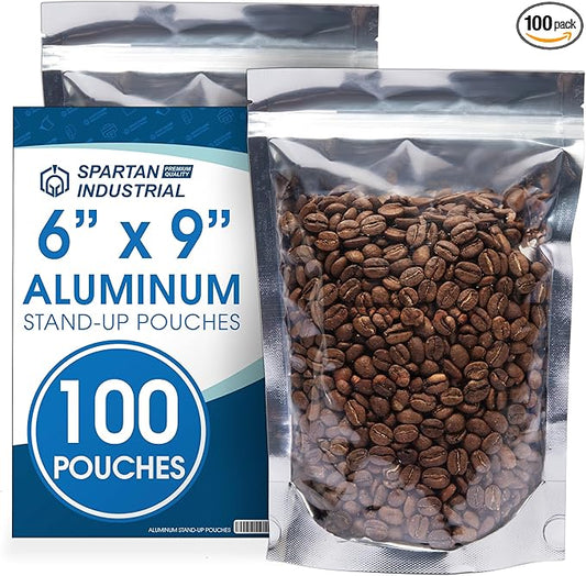 Spartan Industrial - 6" X 9" Aluminum Resealable Stand-Up Pouch Bags - Pack of 100 Smell-Proof Heat Seal Bags for Cookies, Candy Packaging, Bath Salts, and More