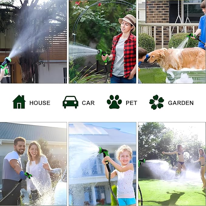 50FT Expandable Garden Hose - with 10-Function Spray Nozzle - Lightweight, Flexible, 3/4" Solid Brass Fittings-Green