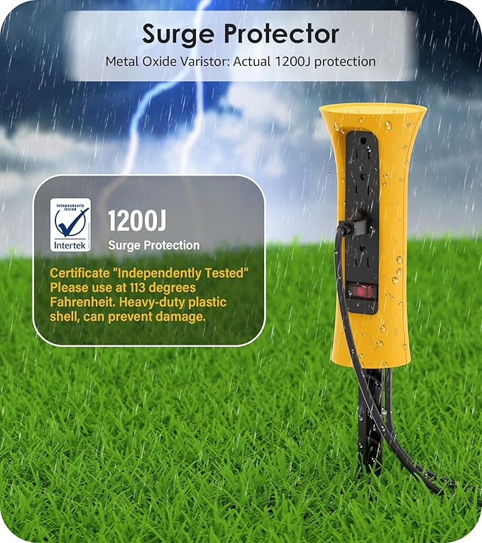 CCCEI Outdoor Power Strip Weatherproof with Stake, Waterproof Extension Cord with Multiple Outlets, Christmas Exterior Garden Decor, Yard, Camping, 4 Plugs, Surge Protector 25FT, Yellow.