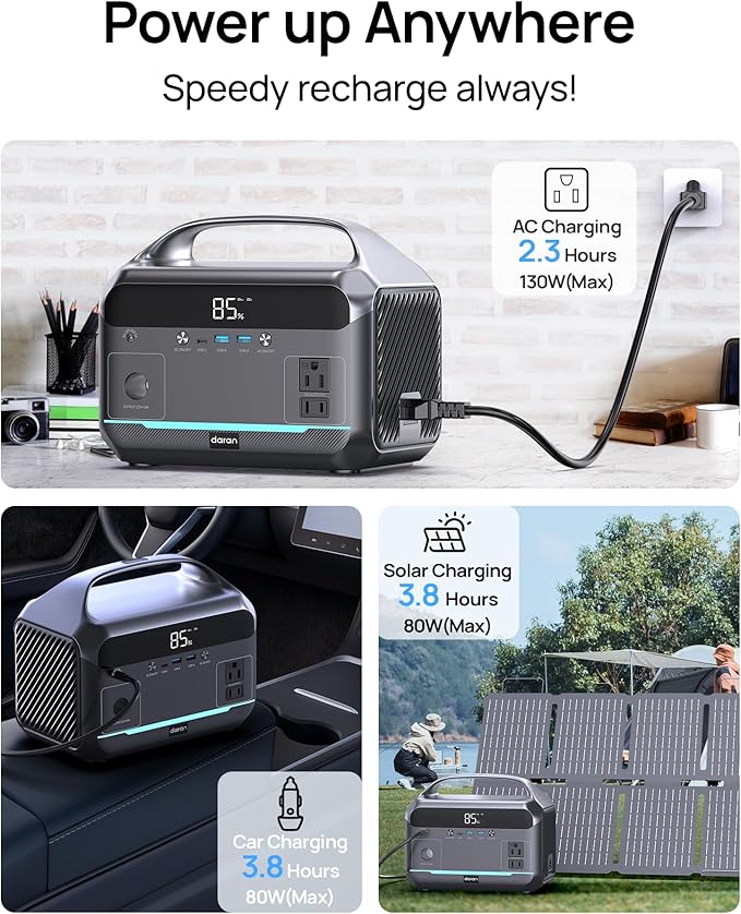 DaranEner Portable Power Station 600W, 288Wh LiFePO4 Battery Backup Power w/2×600W AC Outlets (1200W Surge), 2.2H Fast Charging, Solar Generator for Outdoor Camping/RVs/Home Emergency (Solar Optional)