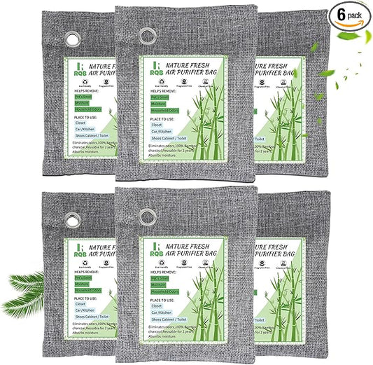 6 Pack Activated Charcoal Odor Absorber. Nature Fresh Bamboo Charcoal Air Purifying Bag Home Closet Air Freshener Deodorizer and Moisture Eliminator, Purifier for Closet, Shoe, Car Air freshener