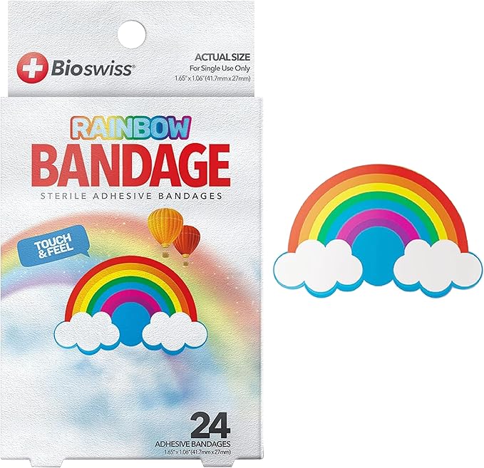 BioSwiss Kids Bandages, Rainbow Shaped Self Adhesive Bandage Set, Latex Free, Sterile Wound Care, 24 Count