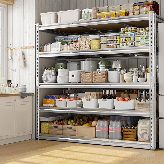 REIBII Garage Shelving, 5 Tier Storage Shelves Load 3020LBS, Adjustable Garage Shelving Heavy Duty, Metal Shelves Unit for Basement, Warehouse, 48" W x 72" H x 24" D, Galvanized