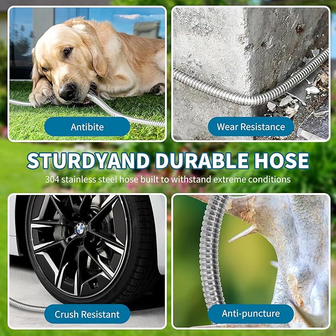 50FT Water Hose with 10 Functions, Adjustable Spray Nozzle, Flexible Durable No Kink Leak Dog Proof Stainless Steel Garden Hose 50FT for Yard Lawn