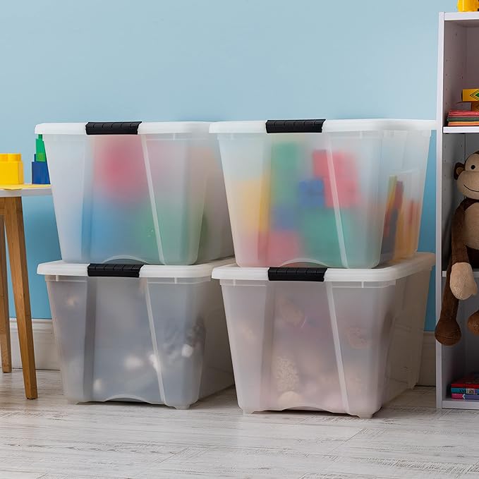 IRIS USA 54 Qt Stackable Plastic Storage Bins with Lids, 4 Pack - BPA-Free, Made in USA - Discreet Organizing Solution, Latches, Durable Nestable Containers, Secure Pull Handle - Pearl