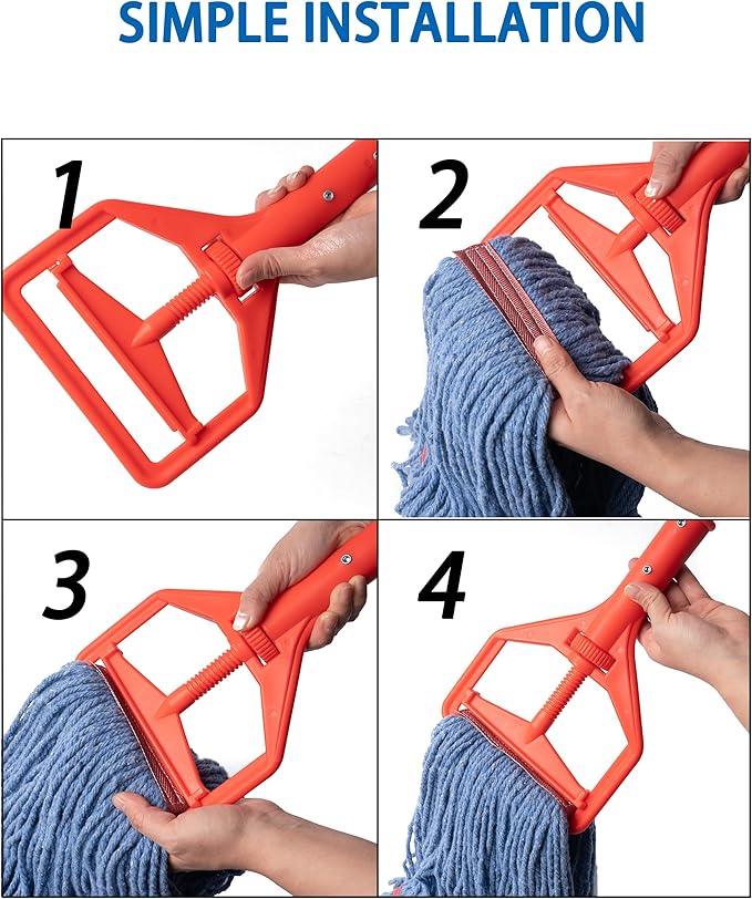 Matthew Heavy Duty Screw Clamp Mop Handle 60 inch Fiberglass Mop Stick,Commercial Mop Head Replacement Holder for Floor Cleaning,Quick Change for Wet Mop Handles w/Roller - 12Pack Red