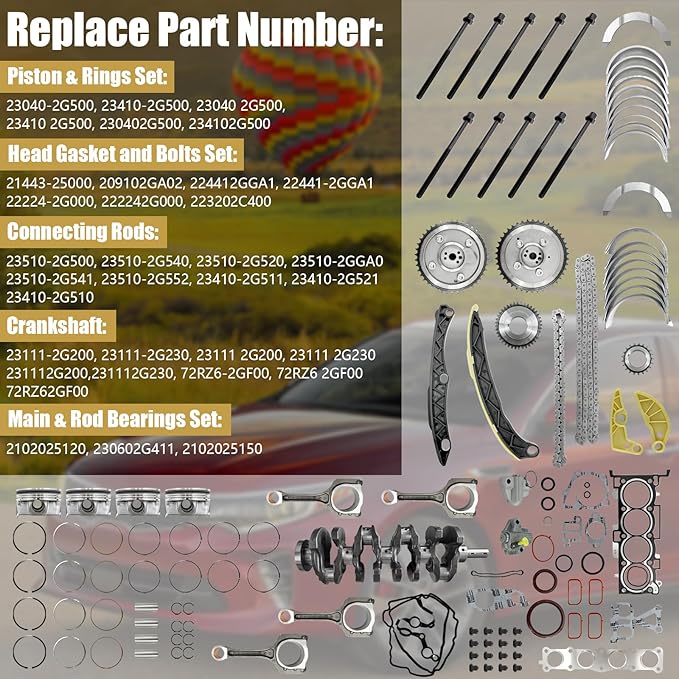 G4KJ 2.4L Engine Rebuild Overhaul Kit w/Crankshaft, Timing Chain Kit, Head Gasket Set & Pistons Fits for Kia Sportage; for Hyundai Sonata Santa Fe Sport Replace#23111-2G200 21020-25150 23040-2G510