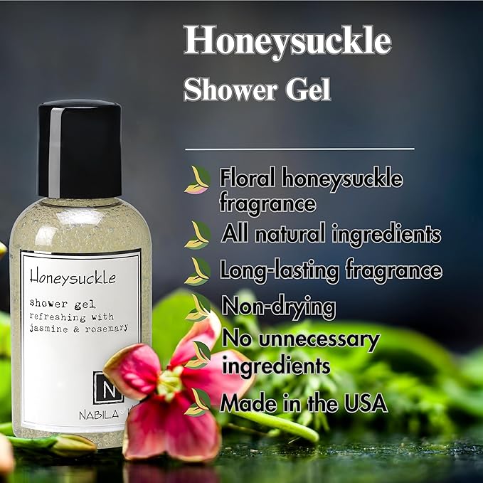 Nabila K Honeysuckle Shower Gel Refreshing Body Wash with Jasmine & Rosemary, 8 oz - Naturally Derived, Sulfate-Free, Paraben-Free - Made in the USA