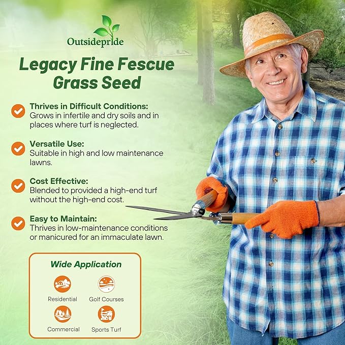 Outsidepride Legacy Fine Fescue Grass Seed Mix - 50 lbs. Shade & Sun Tolerant Blend of Hard Fescue, Chewings Fescue & Creeping Red Fescue with OptiGrowth Coating for Better Establishment