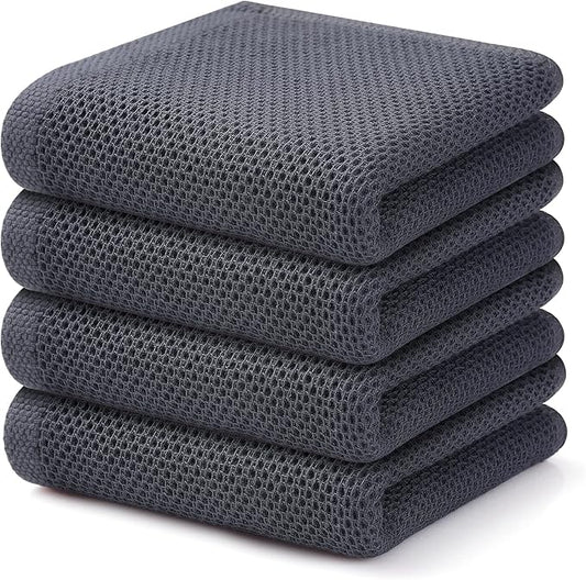 Kitinjoy 100% Cotton Waffle Weave Kitchen Towels, 4-Pack Super Soft and Absorbent Dish Towels for Drying Dishes, Kitchen Hand Towels, 13 in x 28 in, Dark Grey