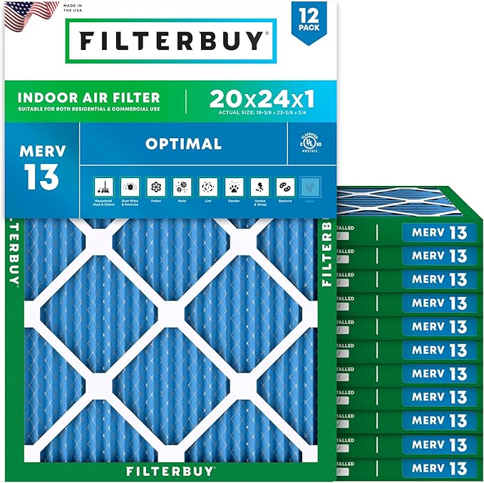 Filterbuy 20x24x1 Air Filter MERV 13 Optimal Smoke & Allergy Defense (12-Pack), Electrostatic Pleated HVAC AC Furnace Filters Replacement, Made in USA (Actual Size: 19.38 x 23.38 x 0.75)