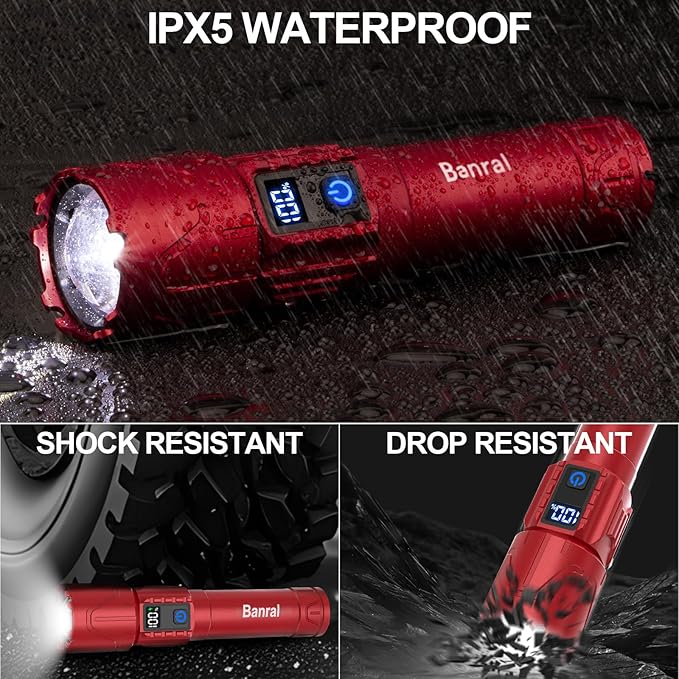 Banral Rechargeable Tactical Flashlights High Lumens - 5000mAh Super Bright LED Powerful Flash Light, Waterproof Handheld USB C Flashlight for Home,Car,Camping,Emergencies,5 Modes,Zoomable (2, Red)