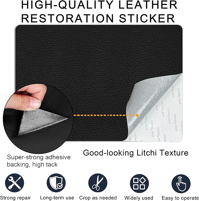 Self Adhesive Leather Repair Patch,8x12 inch Vinyl Repair Kit,Leather Repair Kit for Furniture,Car Seat,Couch,Office Chair,2 Pcs Black