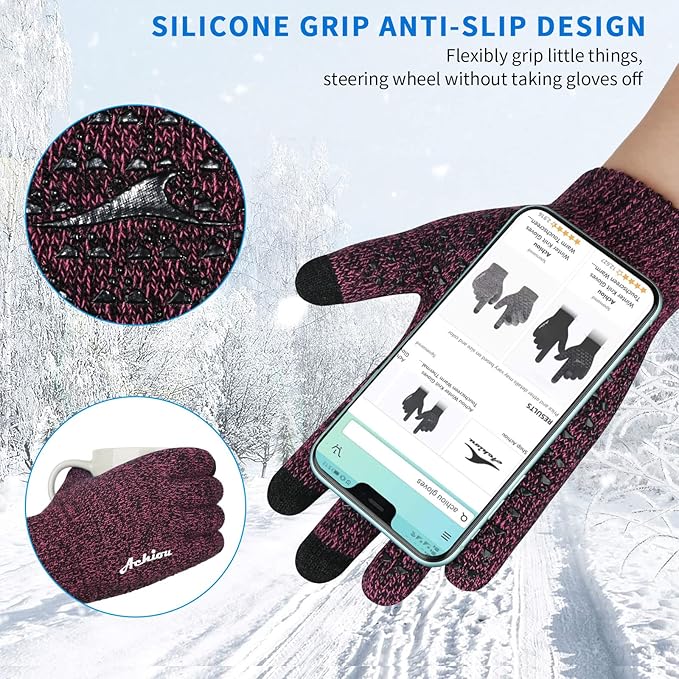 Achiou Winter Gloves for Men Women, Touch Screen Gloves, Upgraded Thicken Anti-Slip Silicone Gel, Thermal Soft Knit Lining
