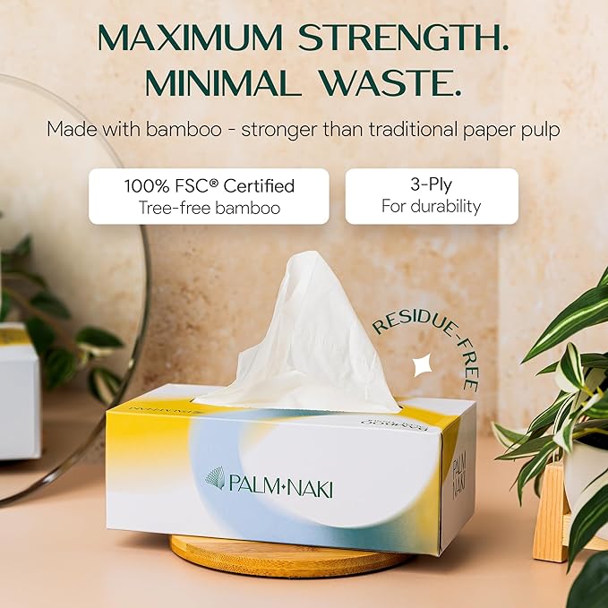 100% Bamboo Facial Tissue | 3-Ply Strong | Lint-Free, Fragrance-Free | Gentle for Sensitive Skin | BPA & PFAS-Free, FSC Certified | 3 Boxes (375 Sheets) | PALM NAKI