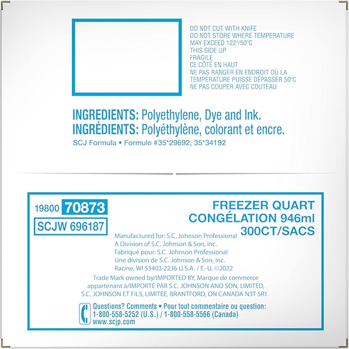 SC Johnson Professional Ziploc Quart Food Storage Freezer Bags, Grip 'n Seal Technology for Easier Grip, Open, and Close, 300 Count