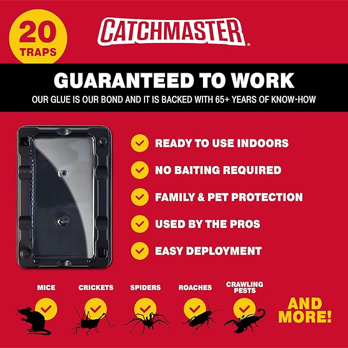 Catchmaster Mouse & Insect Glue Traps 20-Pk, Adhesive Rodent & Bug Catcher, Mouse Traps Indoor for Home, Sticky Glue Boards for Mice and Insects, Pest Control for House & Garage