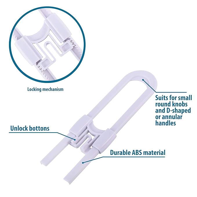 Sliding Cabinet Locks Baby Proofing – Adjustable Child Safety Latches for Knobs & Handles – 10 Pack – No Adhesive Drilling or Tools - White
