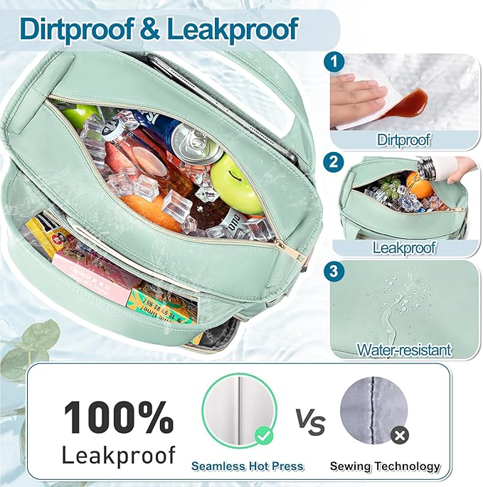 Lunch Bag Lunch Box Women - Insulated Lunch Tote Bag for Women Men, Leakproof Large Womens Lunch Bags for Work, Lunch Cooler Bag for Adult with Side Pocket for Picnic, Hiking, Beach (Green)