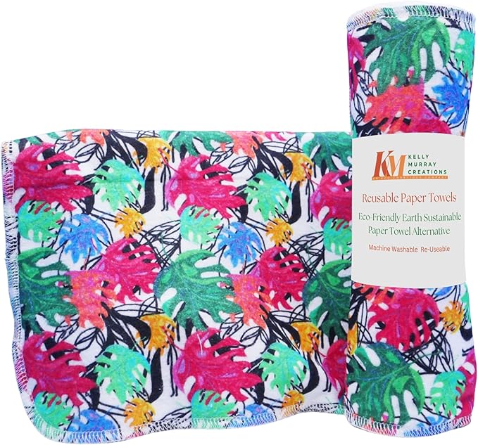 Pack of 10 Reusable Paper Towels | 10x10 Inch Cotton Towels | Kitchen Utensils Print | Eco Friendly, Washable, Quick Drying | Sustainable Cleaning Cloths | Colorful Leaves