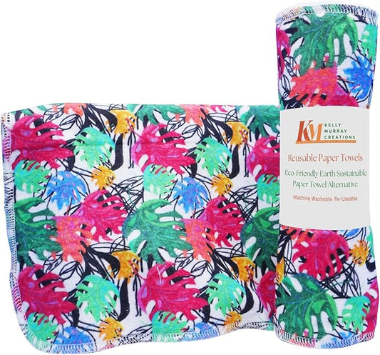 Pack of 10 Reusable Paper Towels | 10x10 Inch Cotton Towels | Kitchen Utensils Print | Eco Friendly, Washable, Quick Drying | Sustainable Cleaning Cloths | Colorful Leaves