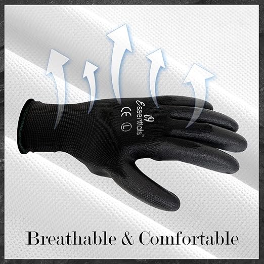 I9 Essentials 12 Pairs PU Coated Work Gloves – Black Safety Grip Gloves for Construction, Warehouse, Assembly & General Work | Lightweight Protective Gloves for Men & Women (Large)