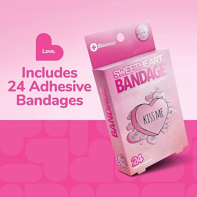 BioSwiss Kids Bandages, Valentine Heart Shaped Self Adhesive Bandage Set, Latex Free, Sterile Wound Care, 24 Count
