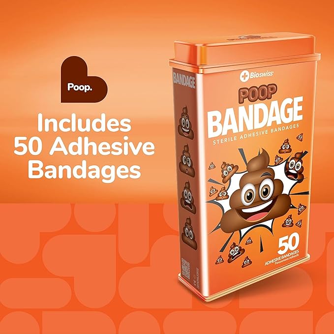 BioSwiss Kids Bandages, Poop Shaped Self Adhesive Bandage Set, Latex Free, Sterile Wound Care, 50 Count