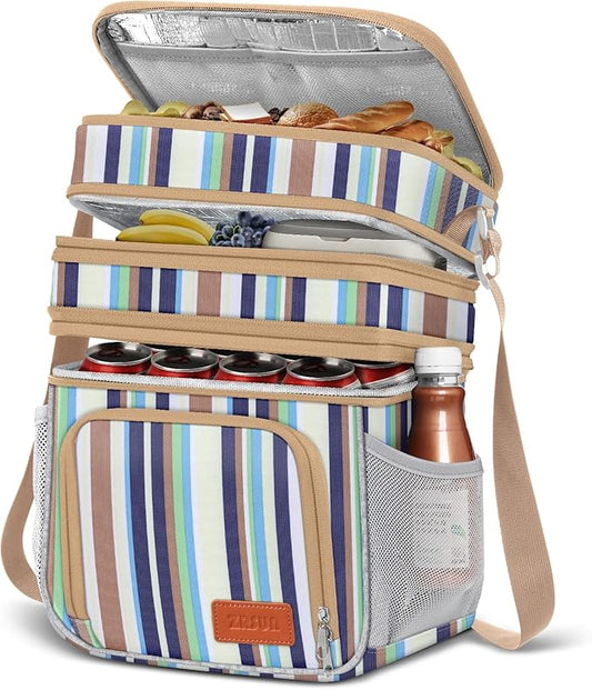 Insulated Lunch Bag for Women Men, Reusable 3 Layers Lunch Box Women, Expandable Reusable Water-resistant Lunch Box for Work Travel Office Picnic Hiking (Stripe)