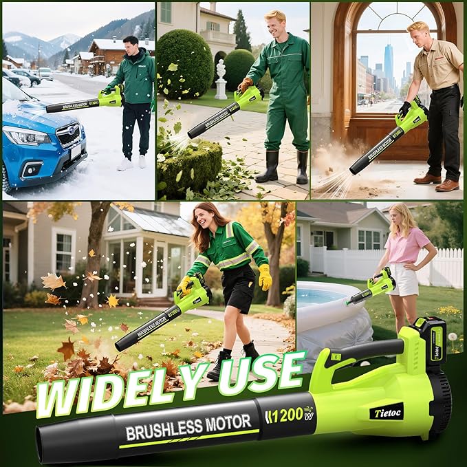 Tietoc Leaf Blower Cordless, 735CFM/200MPH Brushless Electric Leaf Blower with 2 X 5.0Ah Battery, 6 Speed Levels, 2 Extended Tube and Nozzles, Powerful Leaf Blowers for Lawn Care (Light Green)