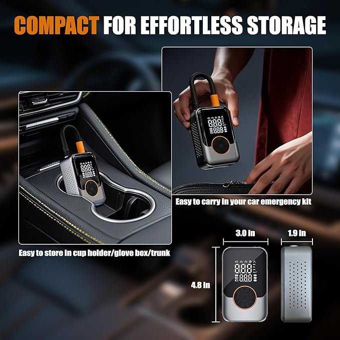 Cordless Tire Inflator, Portable with digital pressure gauge, 150PSI, Auto shut-off & LED light, 12V DC/Rechargeable dual mode, for Car/Motorcycle/Bike/Inflatable