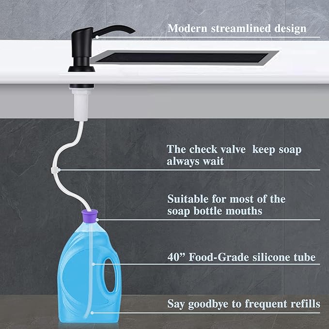 GAGALIFE Built in Counter Soap Dispenser for Kitchen Sink and Extension Tube Kit, Anti-Leakage Upgrade with 40" Tube No More Top Refill (Matte Black)