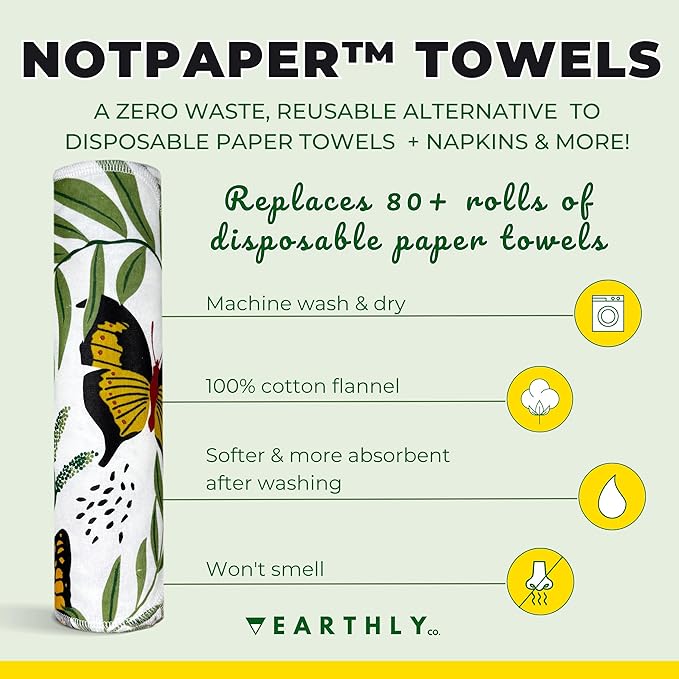 Reusable Paper Towels - 10 Pack - Roll of Washable Cotton Cloth Paper Towels - Paperless Reusable Napkins Cloth Washable - Absorbent + Long Lasting - Zero Waste Products - Butterfly