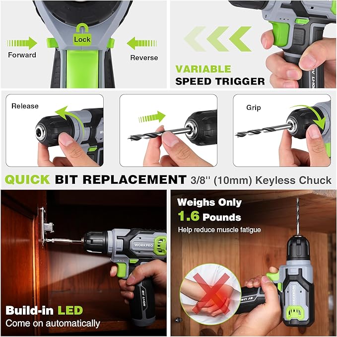 WORKPRO 8V Cordless Drill Driver Kit with 53pcs Bit Set, 2.0Ah Electric Drill with 3/8" Keyless Chuck and Variable Speed Trigger, Portable for Home Improvement, DIY