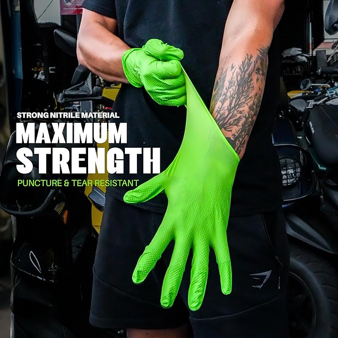 Herkules Grip Heavy Duty 8Mil Green Nitrile Gloves,3D Raised Diamond Texture-Latex & Powder Free-Industrial, Mechanic | Bulk Case of (1000 CT)