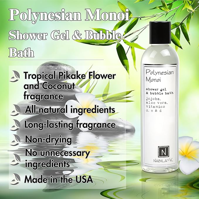 Nabila K Polynesian Monoi Shower Gel & Bubble Bath, 9 oz – Non-Drying Body Wash with Jojoba, Aloe Vera & Vitamins – Naturally-Derived, Sulfate-Free – Made in USA – For Men & Women