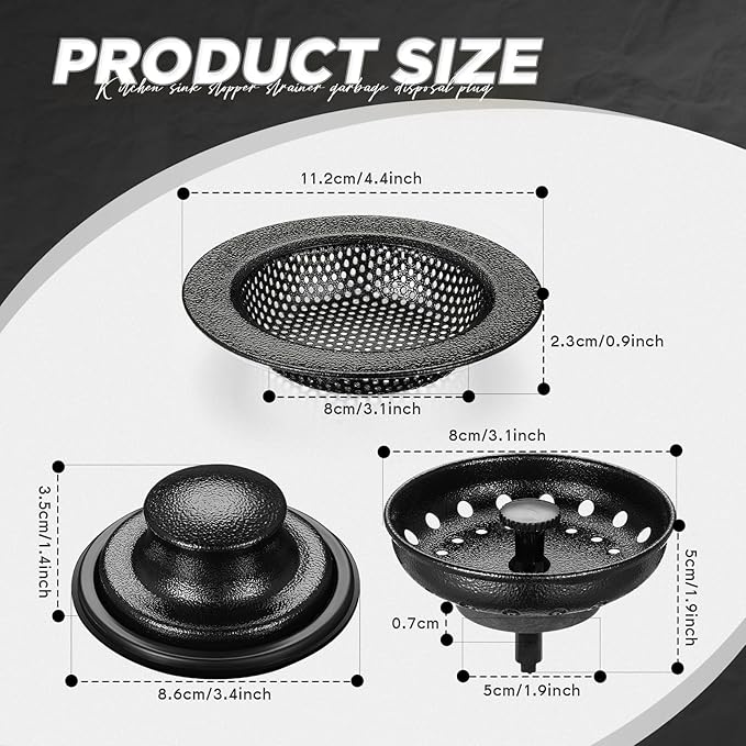Mudder 3 Pcs Kitchen Sink Drain Strainer and Stopper Stainless Steel Garbage Disposal Plug with Handle Universal Anti-Clogging Kitchen Sink Filter Sieve Basket Strainer(Black Texture)