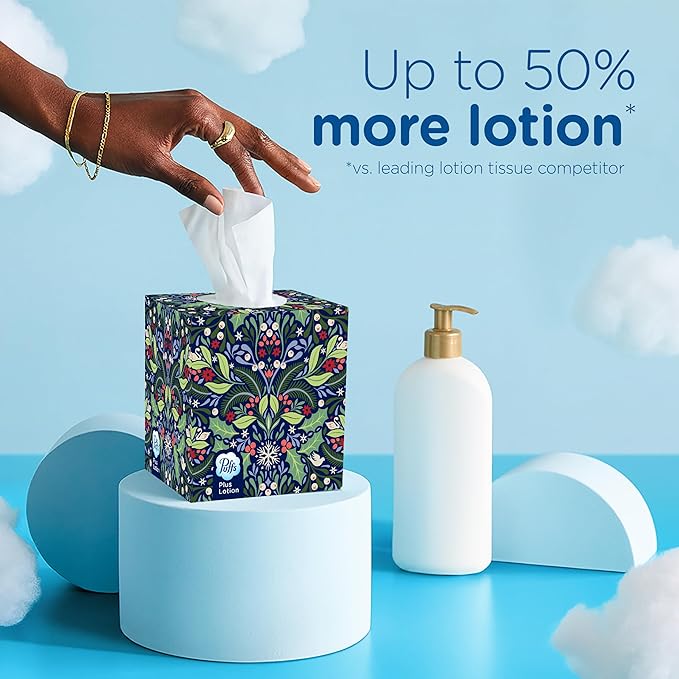 Puffs Plus Lotion Facial Tissue, 4 Mega Cube Boxes, 72 Tissues Per Box