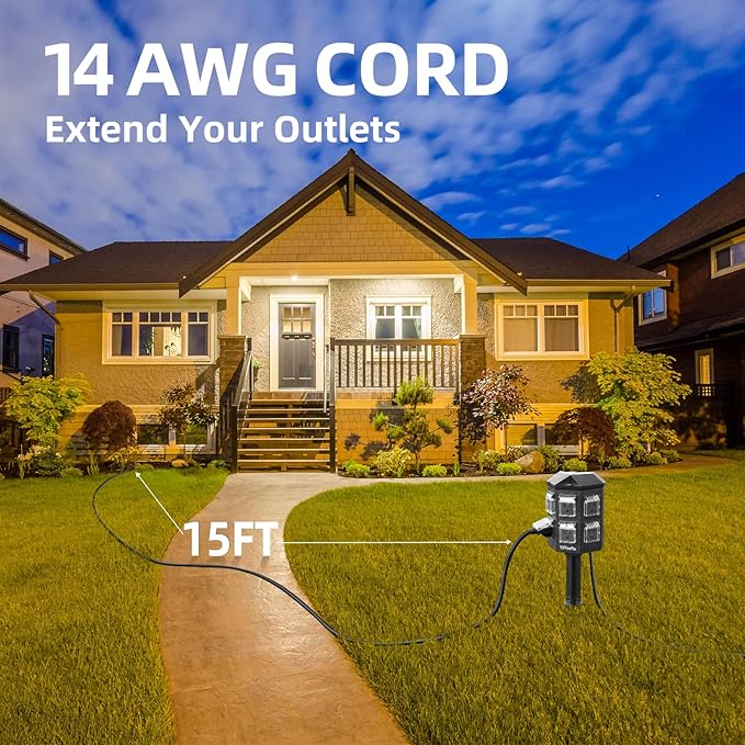 TiFFCOFiO Outdoor Power Strip Weatherproof, 15 FT Extension Cord with Stake, 6 Grounded Outlets for Halloween Inflatables and Decorations, 15A/1875W, ETL Listed