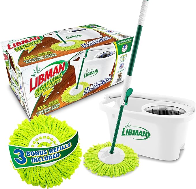 Libman Lightning Spin Mop System Plus 3 Refill Head | Mop and Bucket with Wringer Set | Floor Mop | Spin Mop | Libman Mop | Mops for Floor Cleaning | Hardwood Floor Mop | 4 Total Mop Heads Included